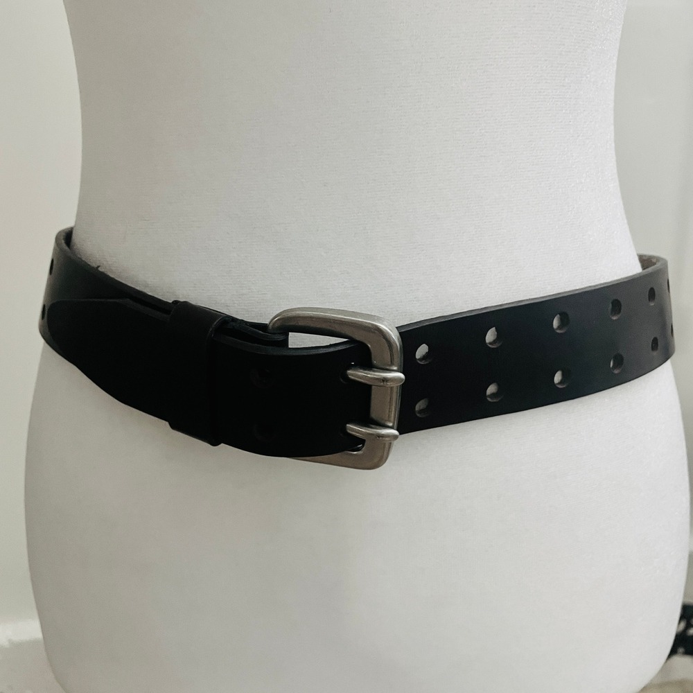 Womens Y2K Punk Goth Double Prong Grommet Belt Medium Brown Metal Hardware